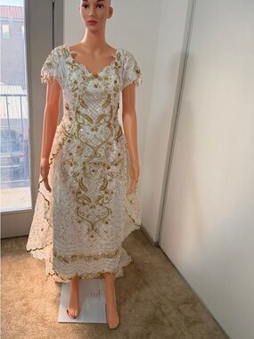 Hand Beaded Ivory Gold Formal Dress Embellished Vintage Style XS